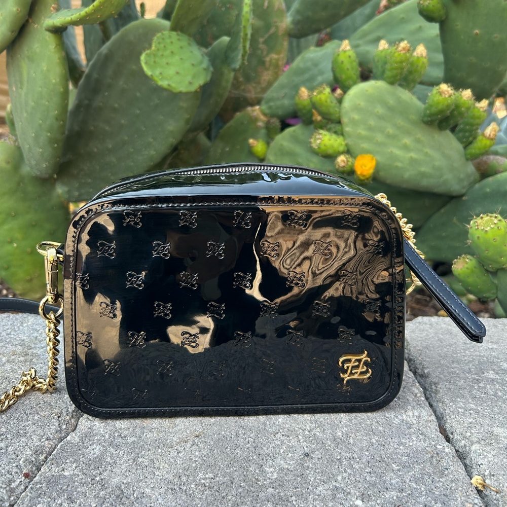 Fendi Calligraphy Embossed Black Patent  Leather Shoulder Bag